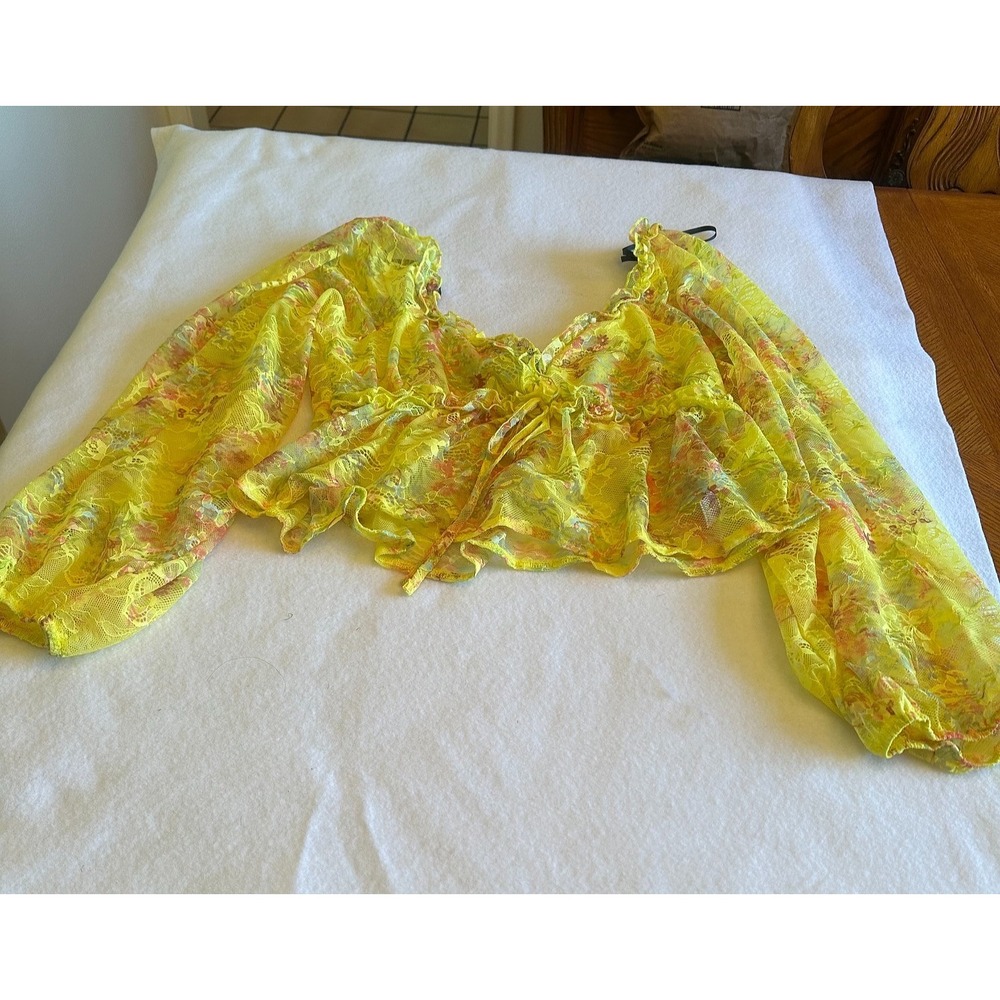 Y2K Forever 21 Sheer Lace Crop Top Women L Yellow Floral Peplum Long Boho Fairy